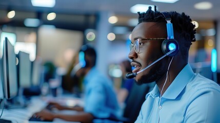 Emergency hotline operator at a call center, ready to assist with urgent safety concerns, highlighting quick response