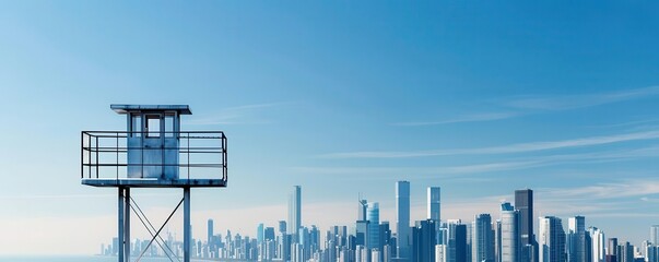 Panoramic city skyline with a guard tower in the foreground, highlighting urban vigilance