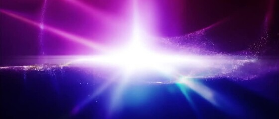 Colorful left blue and purple optical lens flares shine rays light abstract on black background. 4K beautiful blue spotlight effects moving on top left. flash lights. Bright light lens flare 4k