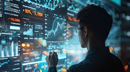A businessman analyzing blockchain data visualization charts on a futuristic transparent screen, demonstrating the analytical tools and insights in digital finance management.