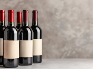Row of wine bottles with blank labels on a light textured background perfect for branding, label design, and promotional material concepts.