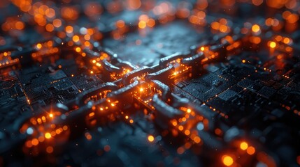 Futuristic digital blockchain network with glowing connections and technology patterns, representing innovation and security.