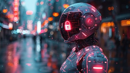 Futuristic robotic figure in neon-lit cityscape symbolizing cybersecurity and digital protection with a captivating night city background.