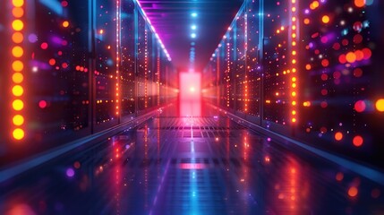 Futuristic server room with vibrant neon lights and glowing digital data streams, illustrating advanced technology and data management.