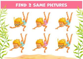 Find two same pictures. Little girl with blond short hair in striped swimsuit swims underwater. Educational matching game with cartoon character. Logic game, learning card, watercolor illustration