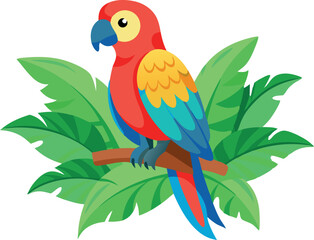 Vibrant vector illustration of a colorful parrot perched on tropical leaves, showcasing bright feathers and exotic scenery.