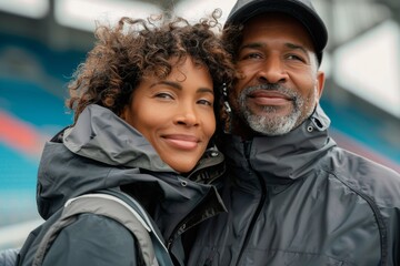 Portrait of a content couple in their 40s wearing a lightweight packable anorak while standing against dynamic sports stadium background