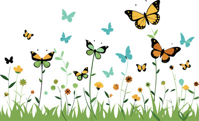 Vibrant illustration featuring colorful butterflies flying above blooming wildflowers in a green grassy field against a white background.