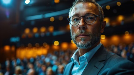 Obraz premium Dynamic Business Presentation in Modern Auditorium with Detailed Expressions and Body Language, 8K Resolution