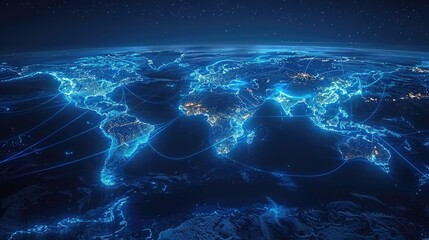 Glowing digital world map with interconnected countries, representing global connectivity and the digital network of the world.