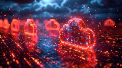 Glowing red cloud computing icons on a digital matrix background, representing data storage and futuristic technology.