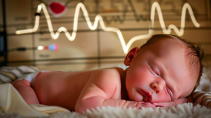 Newborn baby girl sleeping on a soft blanket with a heart rate monitor in the background