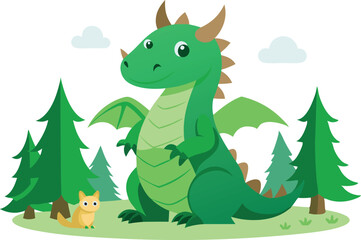 Fototapeta premium Adorable illustration of a green cartoon dragon with a squirrel in a forest surrounded by trees and clouds.