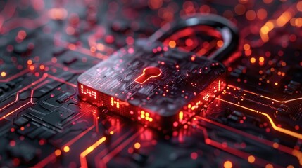 High-tech digital security concept with a glowing padlock on a circuit board representing cybersecurity and data protection.