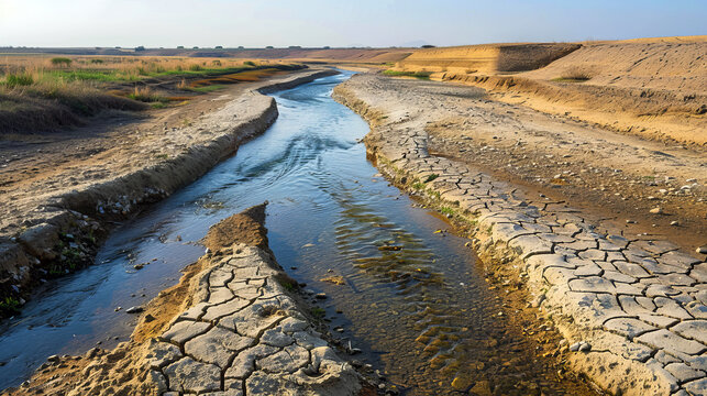 Parched riverbed with minimal water flow, showcasing cracked earth and dry conditions, representing drought and climate change impacts on natural water resources.