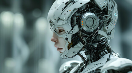 Fototapeta premium Portrait of a robot with artificial intelligence, its eyes emit neon light, a metal face with sensors and sensors symbolizes technological superiority and intelligence.