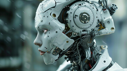 Fototapeta premium An AI robot, its eyes glow with bright light, its metal face is covered with sensors and cameras reflecting a high degree of intellectual development and manufacturability.