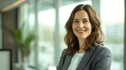 Obraz premium Smiling Businesswoman in Modern Office Setting