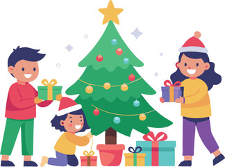 Fototapeta premium Illustration of happy children celebrating Christmas by exchanging gifts under a beautifully decorated Christmas tree. Festive and joyful holiday scene.