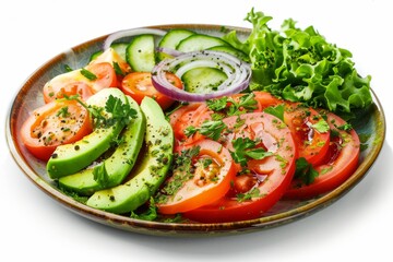 Salad with Avocado, Tomatoes and Onions on Flat Restaurant Plate Isolated on White Background