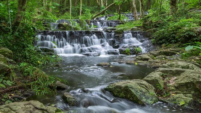 Waterfall in tropical rainforest in Namtok Samlan National Park, Saraburi, Thailand - Time Lapse