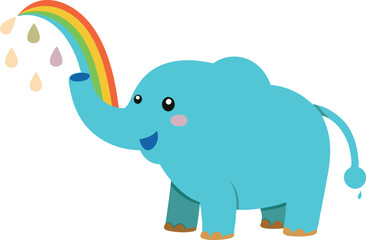 Adorable blue cartoon elephant spraying colorful rainbow water drops. Fun and cute illustration perfect for children's content, learning activities, and nursery decor.