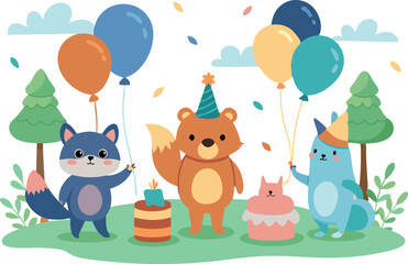 Adorable woodland animals enjoy a birthday party outdoors, featuring colorful balloons, gifts, and festive hats.