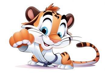 Adorable cartoon tiger dressed in a karate outfit, striking a playful martial arts pose, showcasing a fun and sporty character.