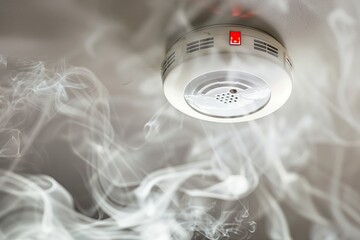 Fire Alarm, Smoke Detector, Fire Detector in Action. Safety Device Installed at Ceiling. Smart Home Security System in Hotel, Apartment Room, Office. For Service Engineering Company Site, Advertising.