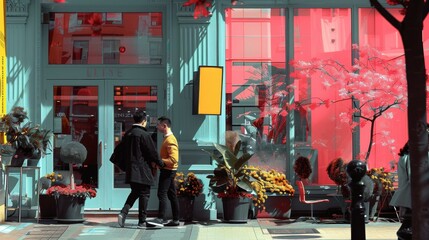 Naklejka premium Lively City Sidewalk with Vibrant Plant Boxes