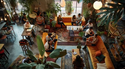 Vibrant Social Gathering in Cozy Urban Cafe Setting with Diverse Aesthetics and Collaborative Atmosphere