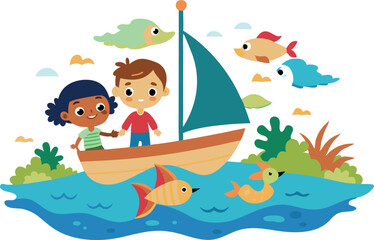 Adorable cartoon illustration of two kids sailing on a boat, surrounded by colorful fish and birds, enjoying nature.