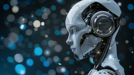 Fototapeta premium Portrait of an AI robot, its face is covered with metal plates, its eyes glow with neon, showing the depth of analytical thinking and high technology.