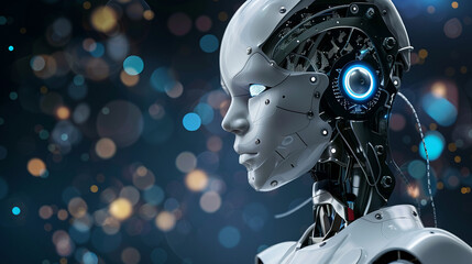 An intelligent robot with expressive LED eyes, its metallic face is decorated with complex patterns symbolizing its computing capabilities and intelligence.