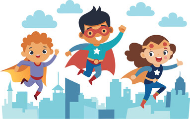 Colorful illustration of children dressed as superheroes flying over a cityscape, showcasing imagination, adventure, and joy.