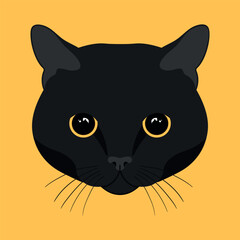 Black cat head on yellow background. Feline face. Black cat with big yellow eyes. Vector illustration