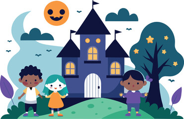 Adorable Halloween scene featuring children standing in front of a haunted house with a pumpkin face moon in the sky.