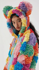 Fototapeta premium A young woman in a colorful, fluffy hoodie with bear ears.