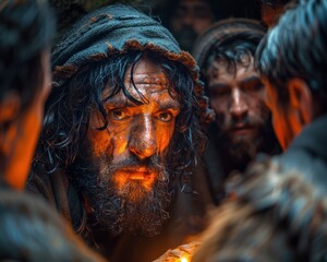 Obraz premium Divine Encounter - Hyper-Realistic Depiction of Jesus Christ with Disciples Post-Resurrection, Thomas Touching Wounds, 8k Resolution