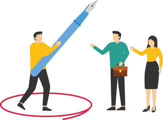 Businessman using pencil to draw personal space circle to protect from coworkers. Work boundary to limit access. Flat vector illustration.

