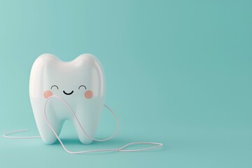3D Icon Of A White Tooth Smiling With Dental Floss Isolated On A Pastel Blue Wallpaper With Copy Space, Concept Of Dentistry, Dental Care