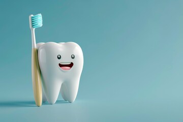 3D Icon Of A White Tooth Smiling With Toothbrush Isolated On A Pastel Blue Wallpaper With Copy Space, Concept Of Dentistry, Dental Care