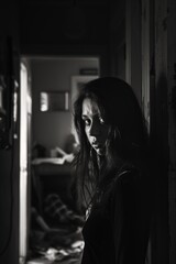  Distressed woman in shadowed doorway