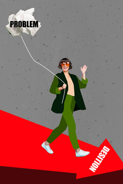 Trend artwork composite sketch image 3D photo collage of young woman office manager walk huge arrow desition crisis problem fly on rope