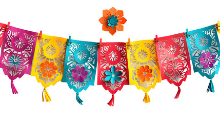 Hispanic Heritage Month papel picado banners, traditional decorative art for cultural celebration, heritage tribute, png file, isolated on white