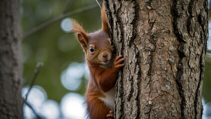 Peek-a-boo! Red squirrel playing hide-and-seek behind a tree