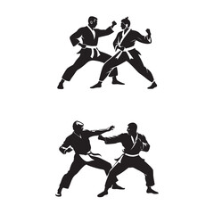 Two men practicing karate silhouette, Two karate men fighters in a match, vector collection of karate martial arts silhouette illustrations