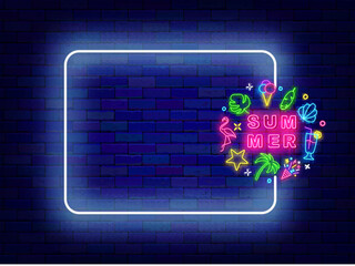 Summer neon announcement. Party and sale. Circle layout with season icons. Shiny holiday promotion. Empty white frame and typography. Event celebration. Editable stroke. Vector stock illustration