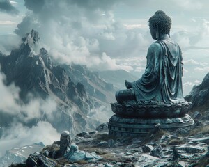 Tranquil Buddha Meditation: Hyper-Realistic Image of Buddha Meditating on Mountain Top with Mystical Clouds and Mist - 8K Resolution Zen Artwork