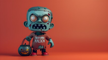 Fototapeta premium 3D Rendered Zombie Character with Trick or Treat Bag in Minimalist Art Style